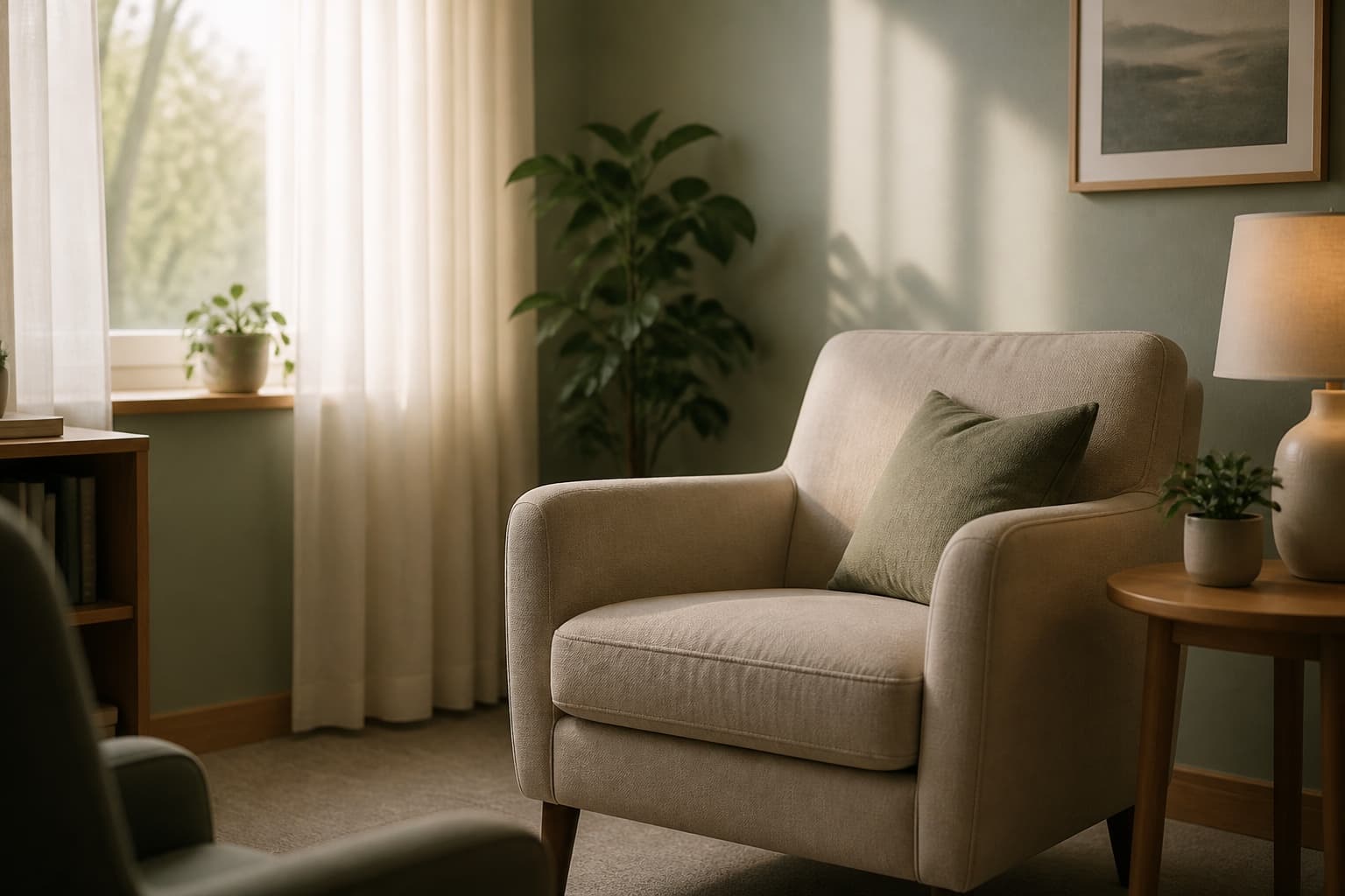 Calm, softly lit therapy room with an empty armchair and a window, representing a supportive setting for assessing psychedelic-assisted therapy in the context of substance use disorders.