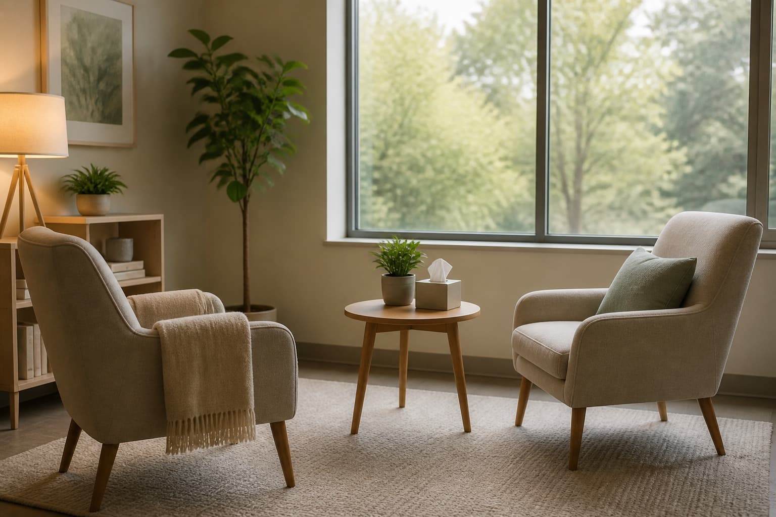 A calm, softly lit therapy room with two empty chairs by a window, conveying a supported and unhurried setting for anxiety care.