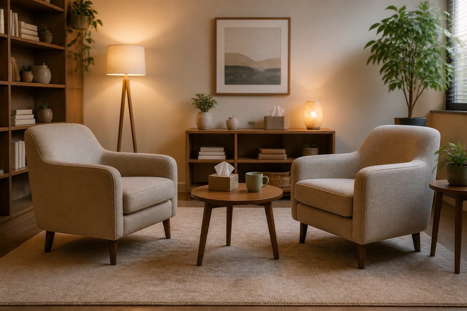Two people seated together in a quiet, softly lit therapy room