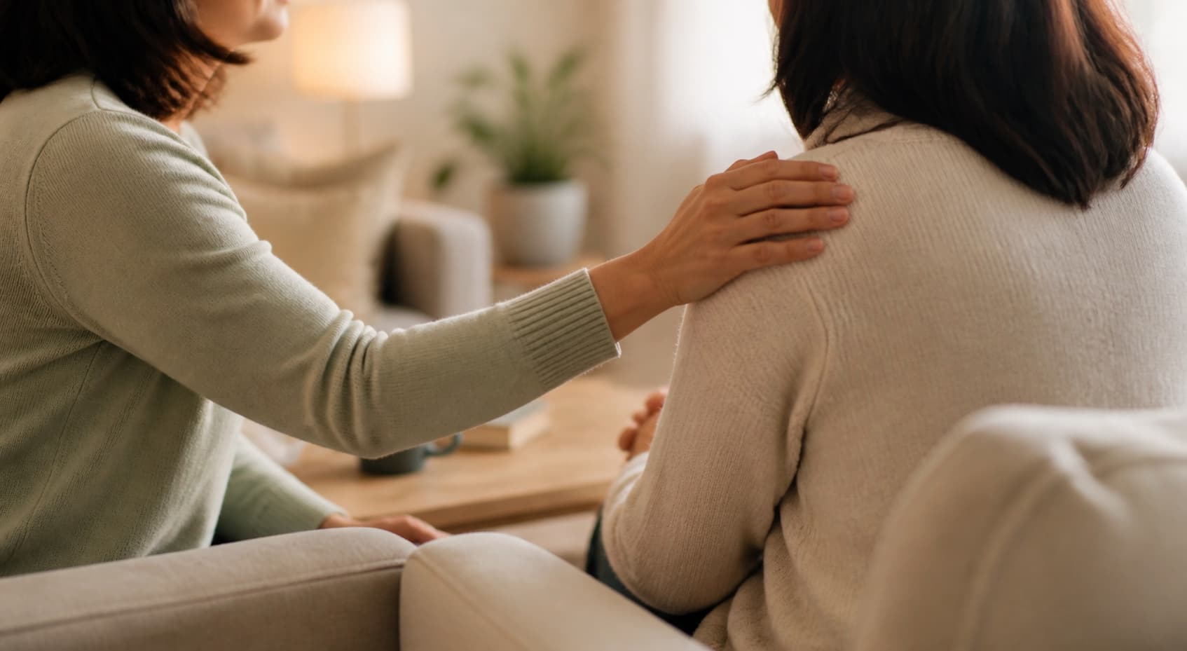 A family member offering calm, supportive presence to a loved one at home