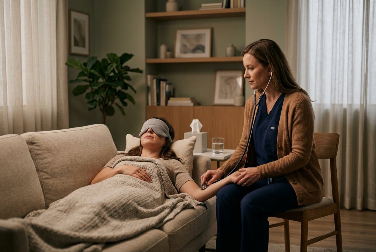 A nurse sits with a patient in a quiet clinical room, illustrating supervised psilocybin-assisted therapy in a Canadian trial setting.