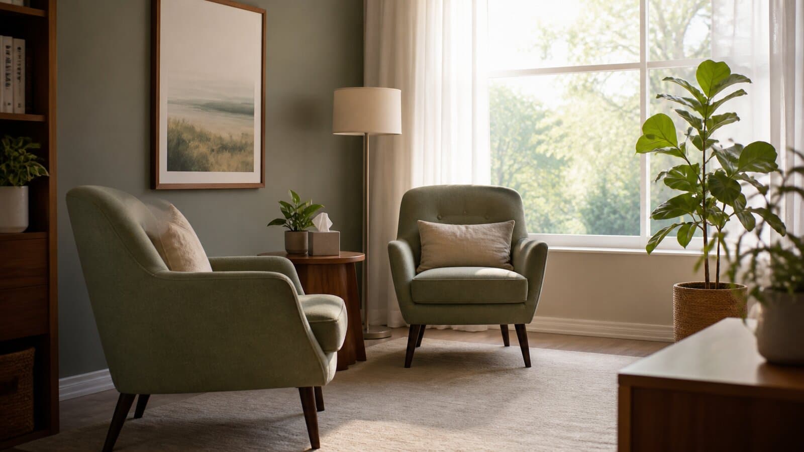 A calm, softly lit consultation room with two empty chairs and a window, suggesting a quiet conversation about treatment access.
