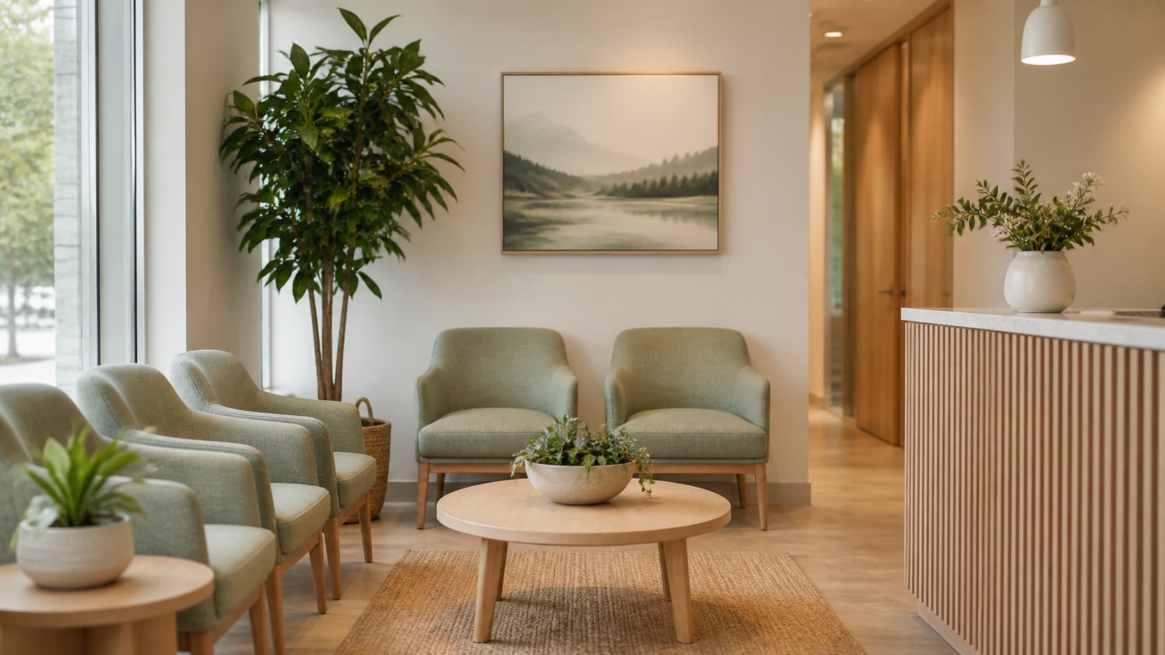 Calm, softly lit clinic waiting area with neutral tones and a plant, no people