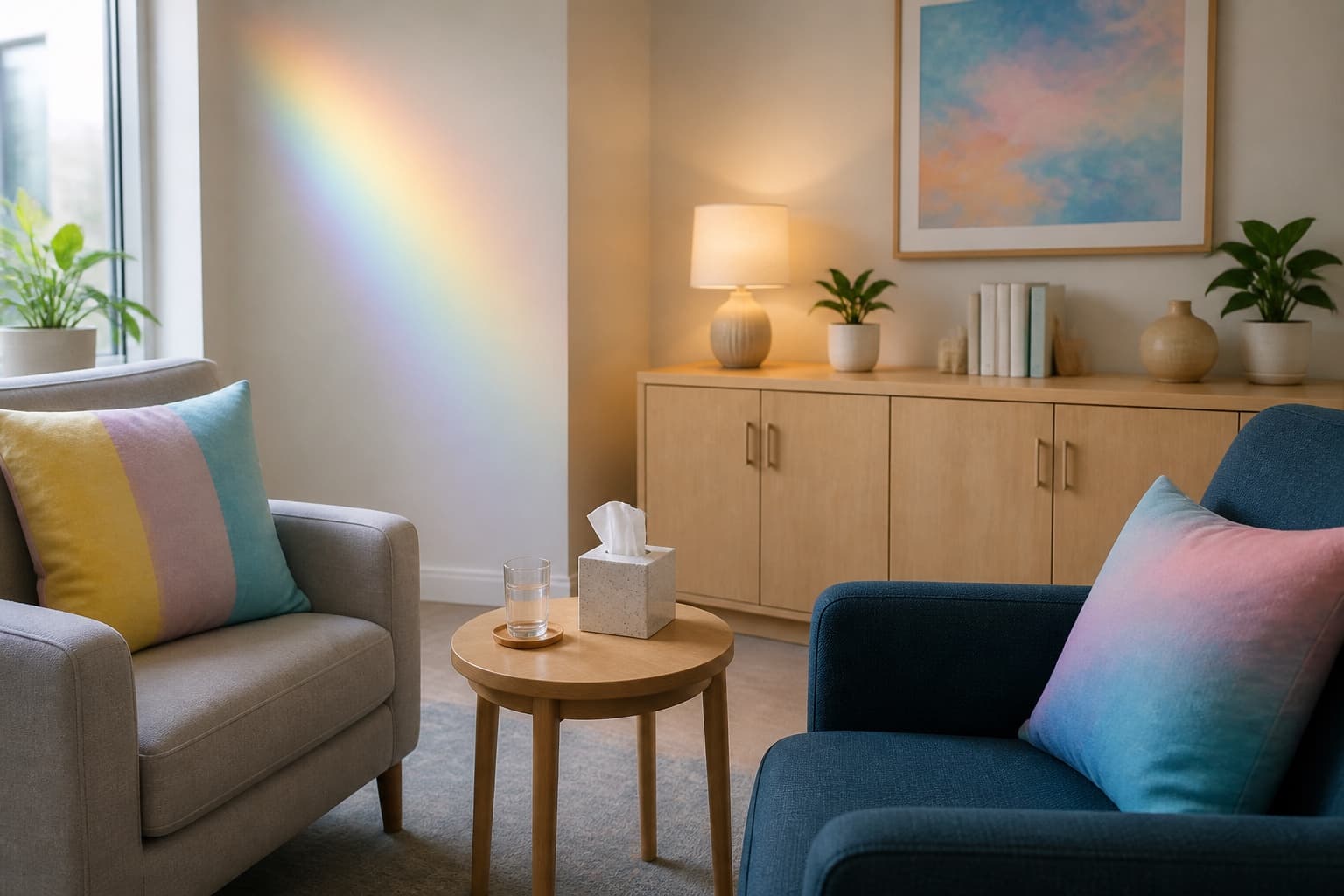 Affirming clinical space with a rainbow and trans-flag motif representing inclusive psychedelic-assisted therapy in Canada.