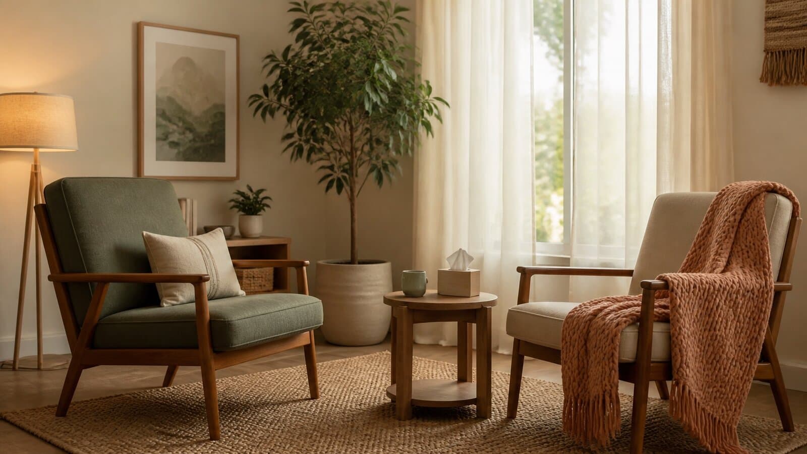 A calm, softly lit therapy room with two comfortable chairs, a woven blanket, and a small side table, set up for a psychedelic-assisted therapy preparation session.