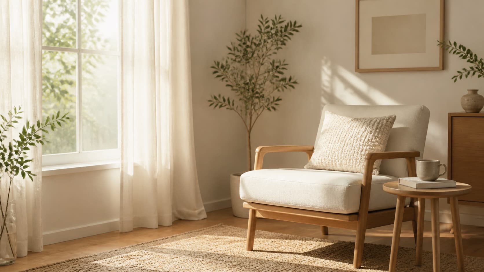 Soft morning light through a window in a calm, quiet room