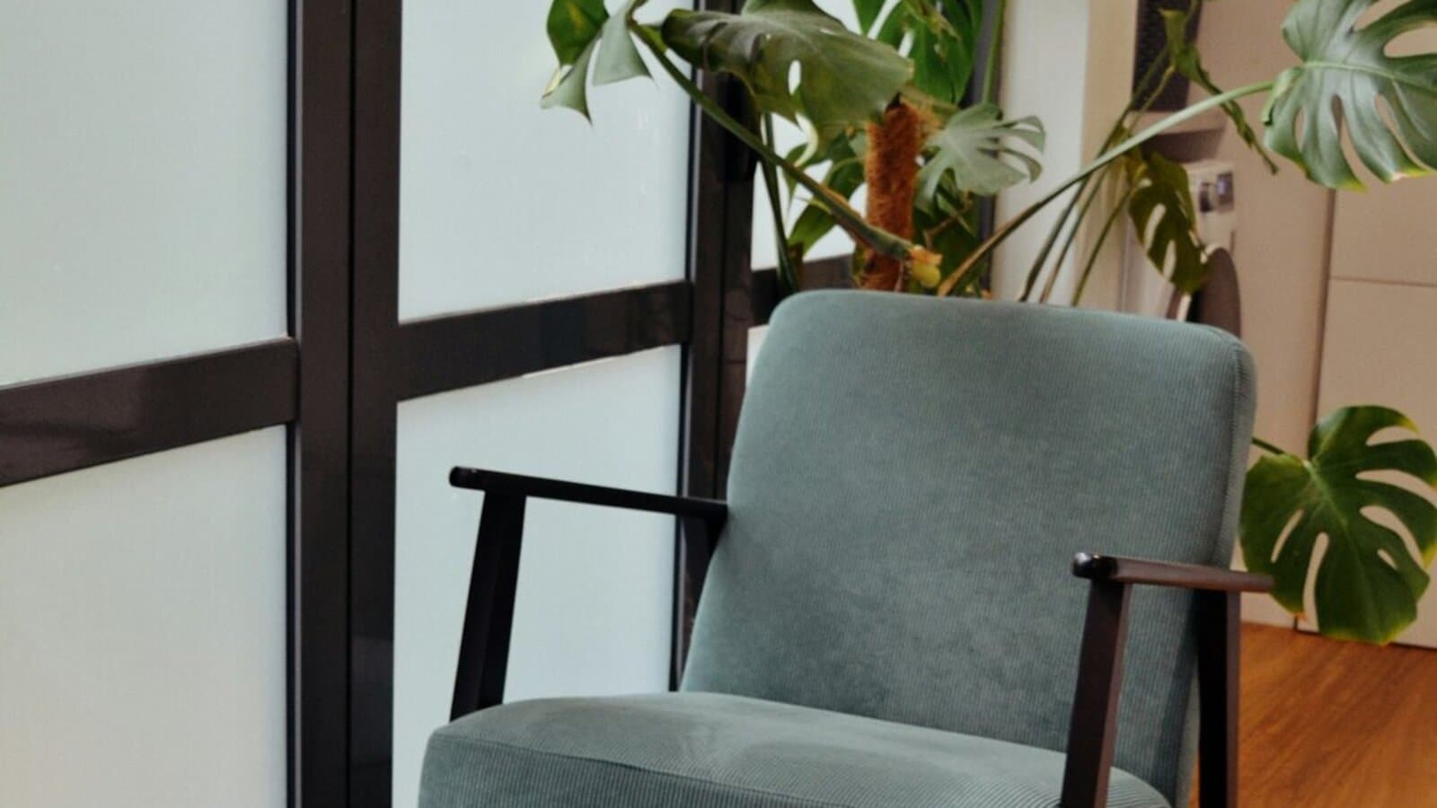 A calm therapy room with a green armchair and a leafy plant by frosted-glass windows, evoking a quiet integration conversation.