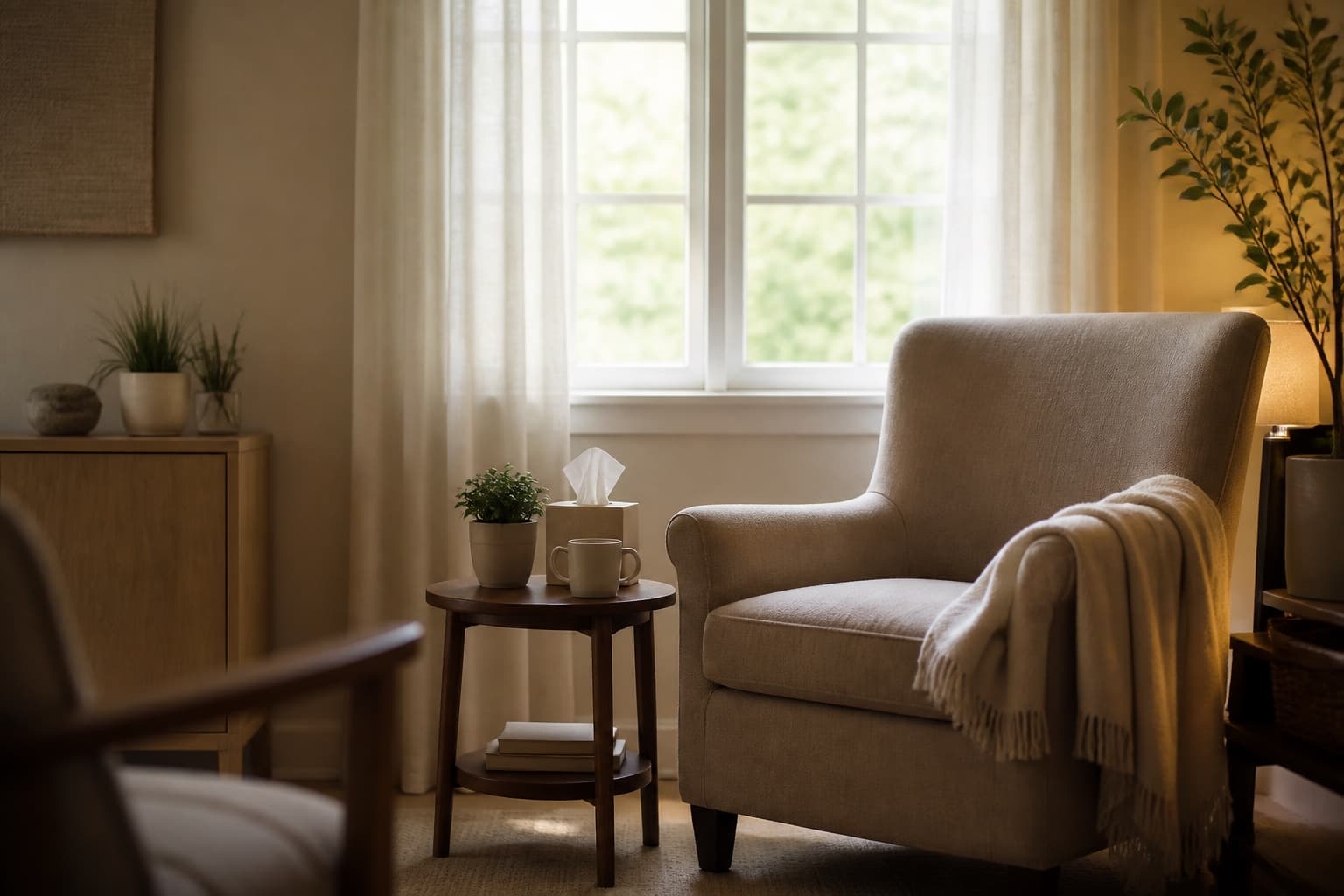 A quiet, softly lit therapy room with a comfortable armchair beside a window and natural daylight, suggesting a calm and private setting for trauma care.
