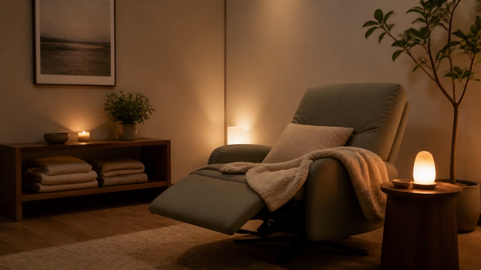 A calm, dimly lit psychedelic-assisted therapy room with a comfortable recliner, soft blankets, and warm indirect lighting.