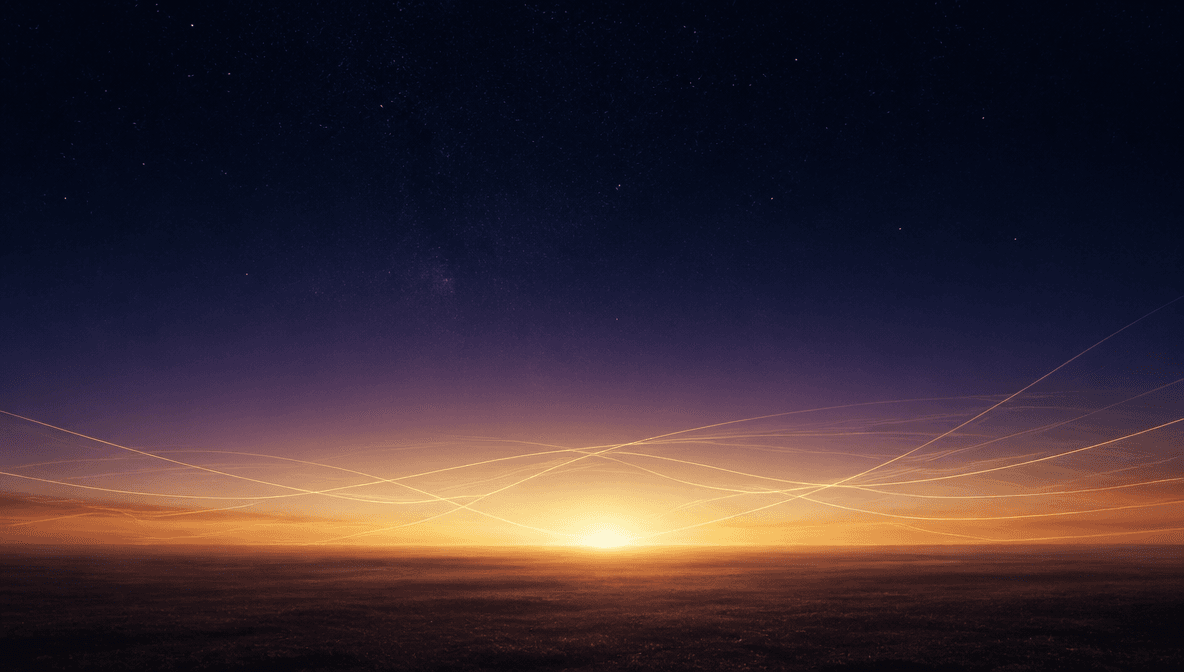 Abstract prairie horizon at the threshold between night and dawn, deep indigo sky warming to gold light.