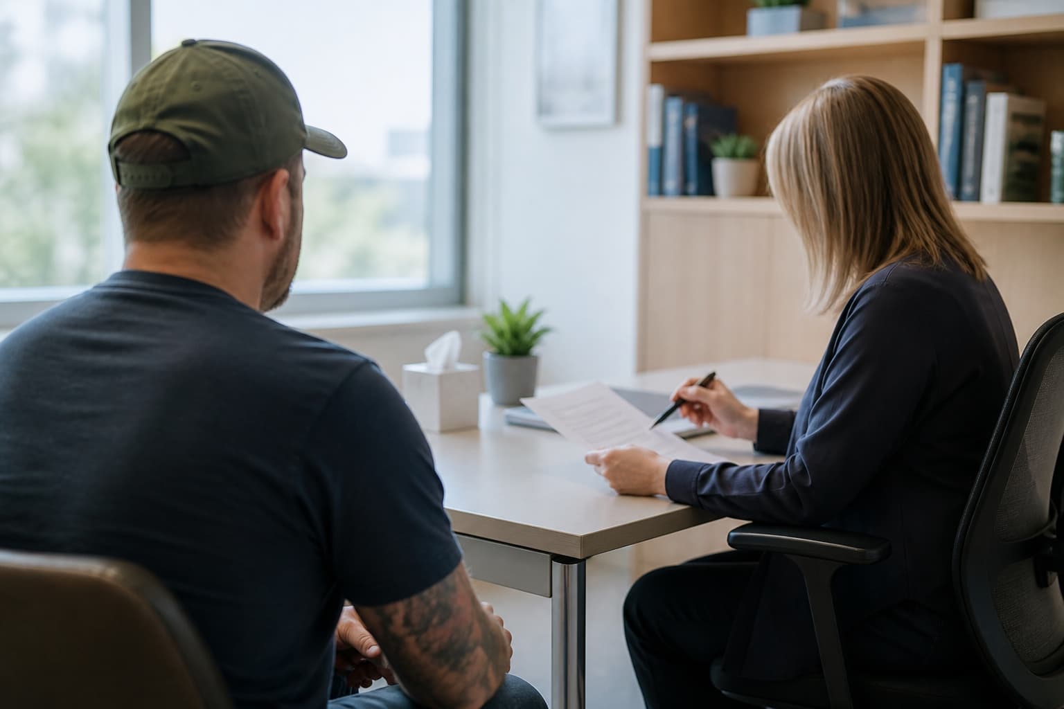 A Canadian veteran meeting with a healthcare provider to review treatment coverage options.