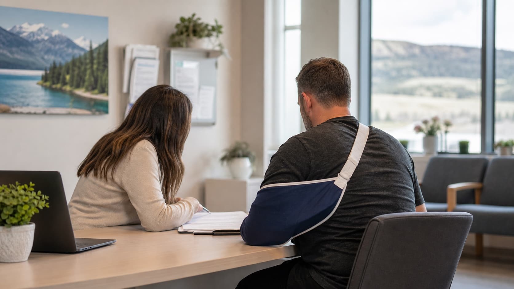 An injured worker and a case manager reviewing WCB Alberta claim paperwork at a clinic reception desk in Alberta.