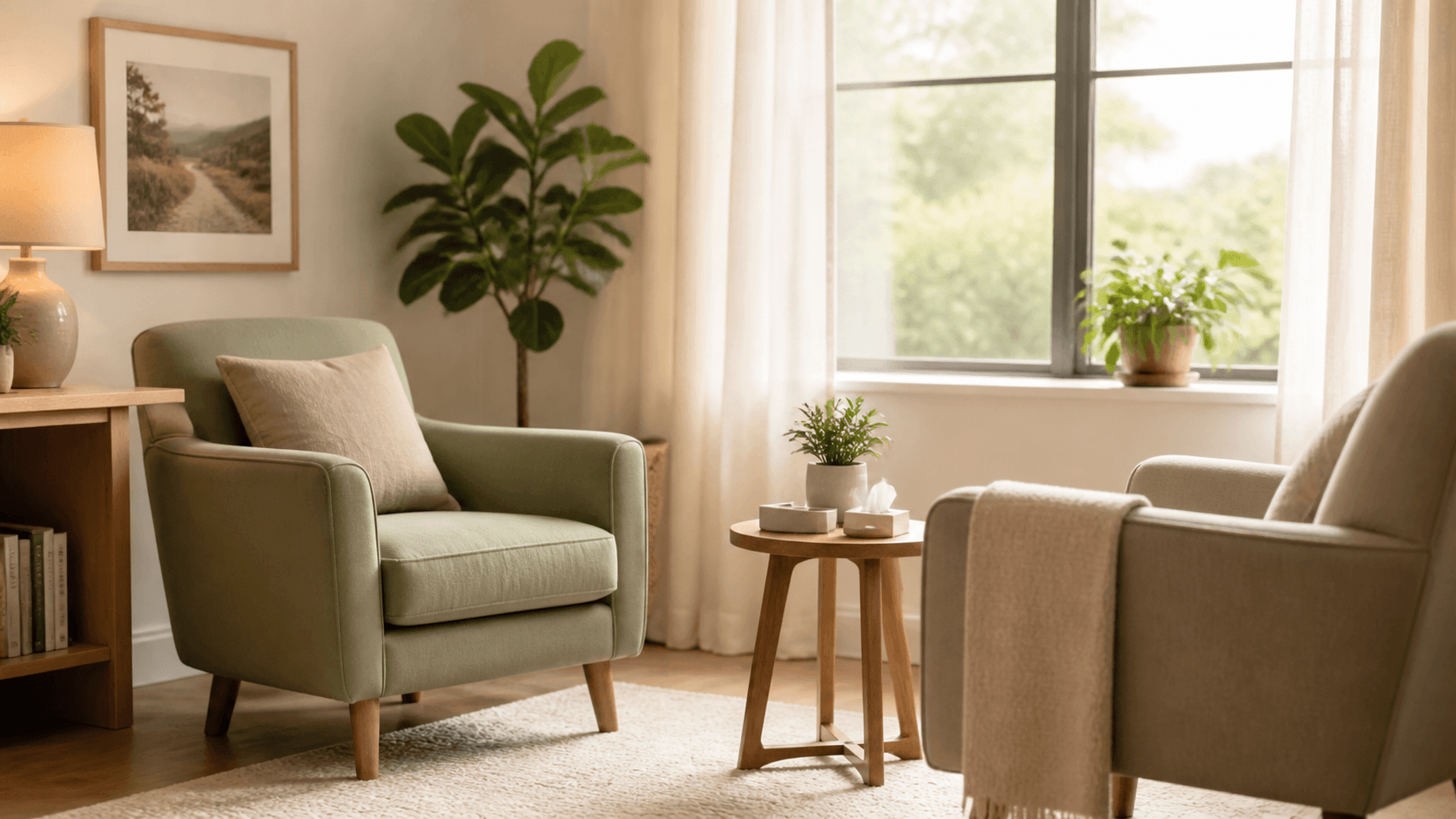 Quiet, softly lit therapy room with two armchairs beside a window.