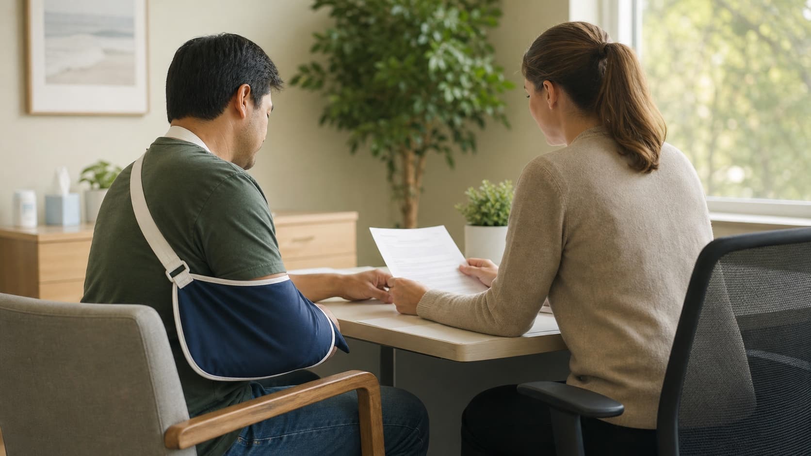 An injured Ontario worker reviewing WSIB claim documents with a clinician during a preparation session.
