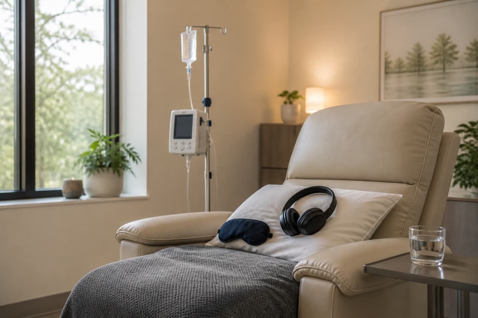 Calm, softly lit clinical room set up for a supervised ketamine therapy session