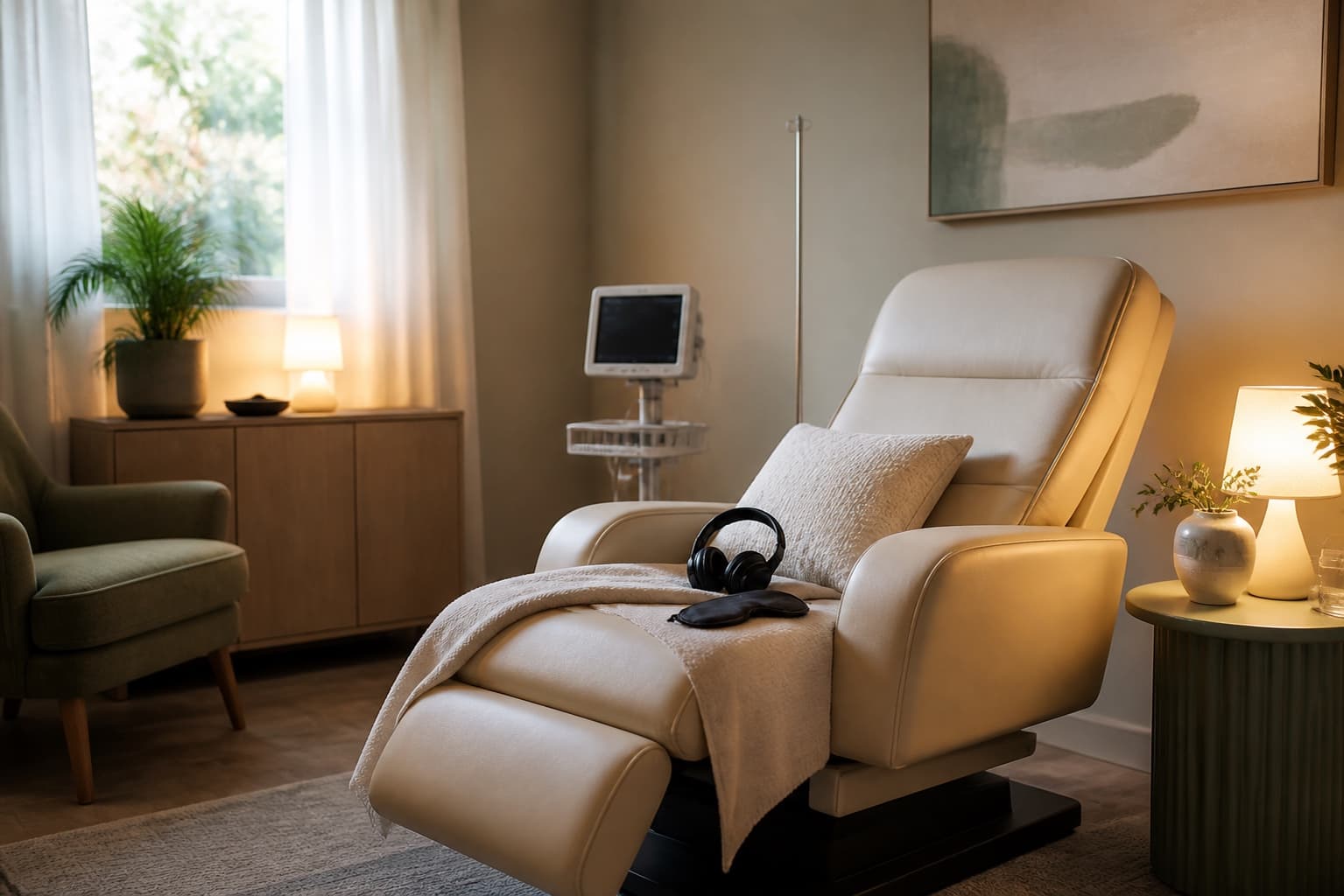Calm ketamine therapy treatment room with a reclining chair and soft lighting