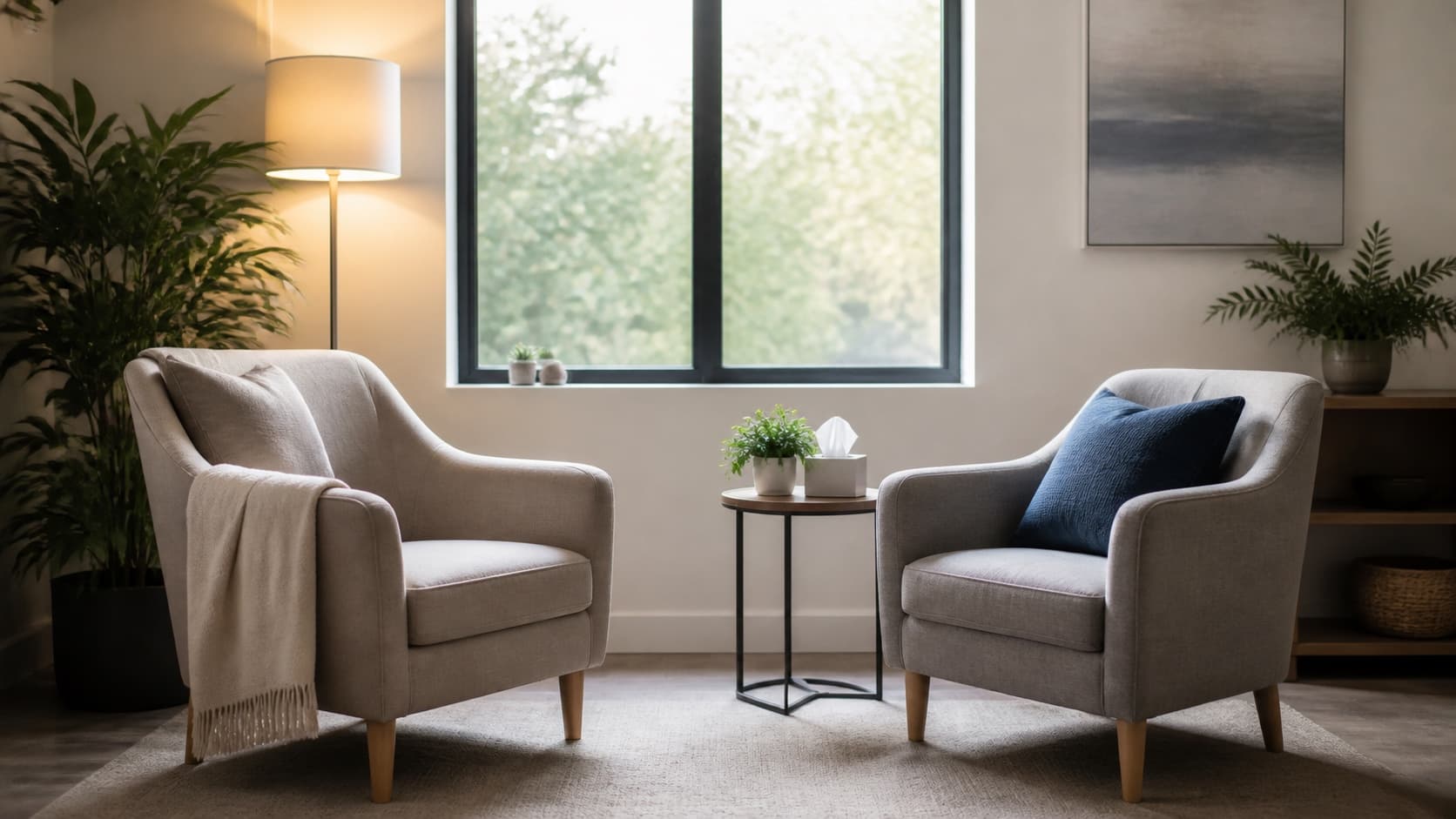 A calm, softly lit therapy room with two empty chairs and a window, evoking the preparation and integration setting of psilocybin-assisted psychotherapy.