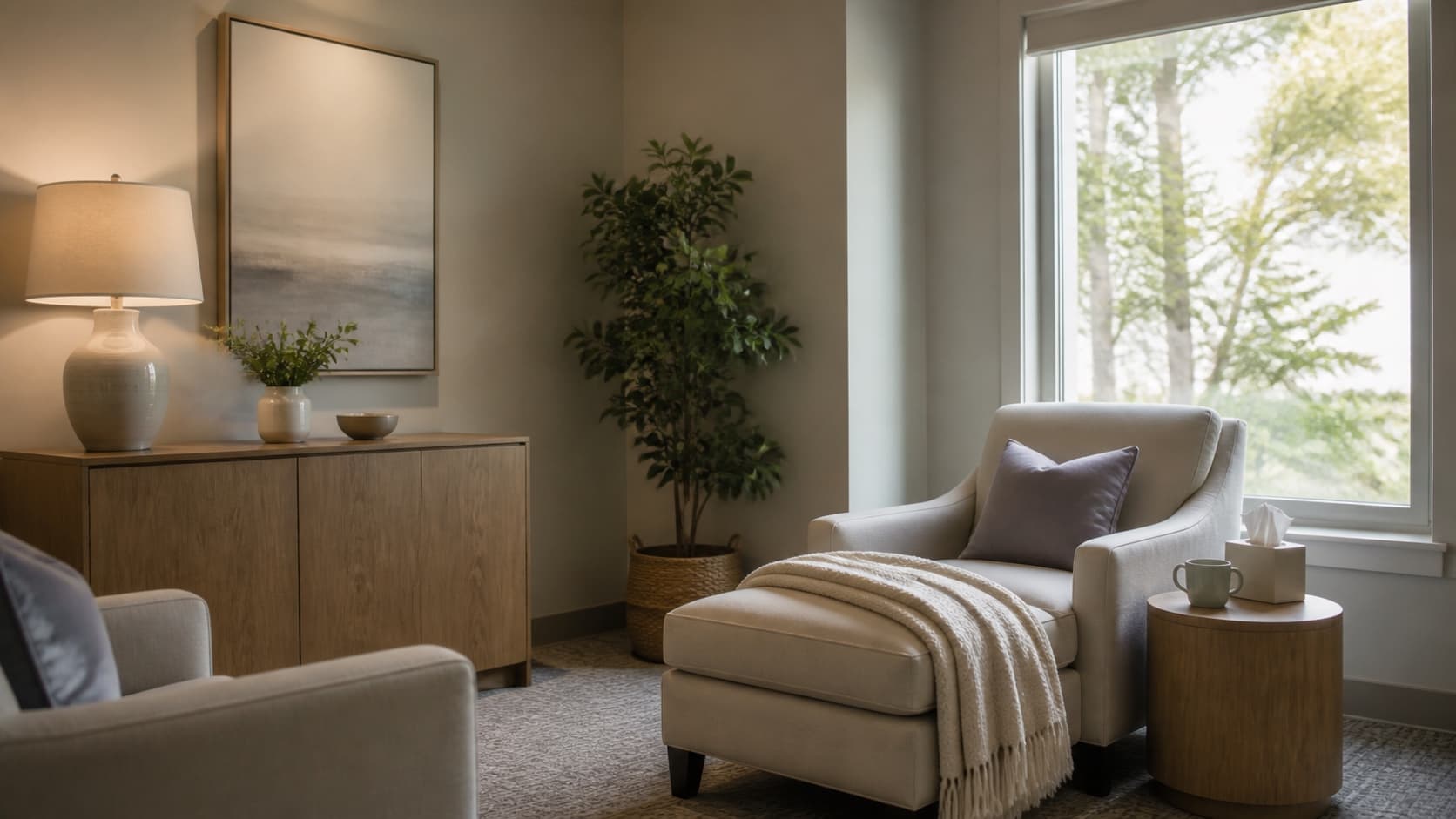 Calm, softly lit clinical room with a comfortable chair and a window, suggesting a supervised and supportive therapy setting.