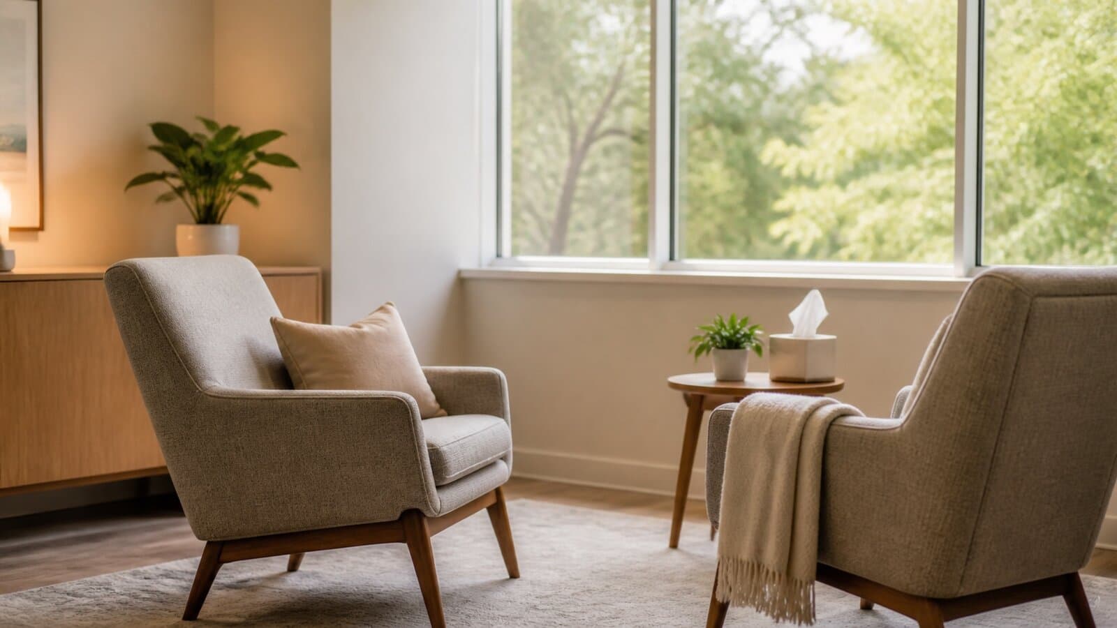 A calm clinical consultation room with two chairs and soft natural light, evoking supervised psilocybin-assisted therapy in a trial setting.