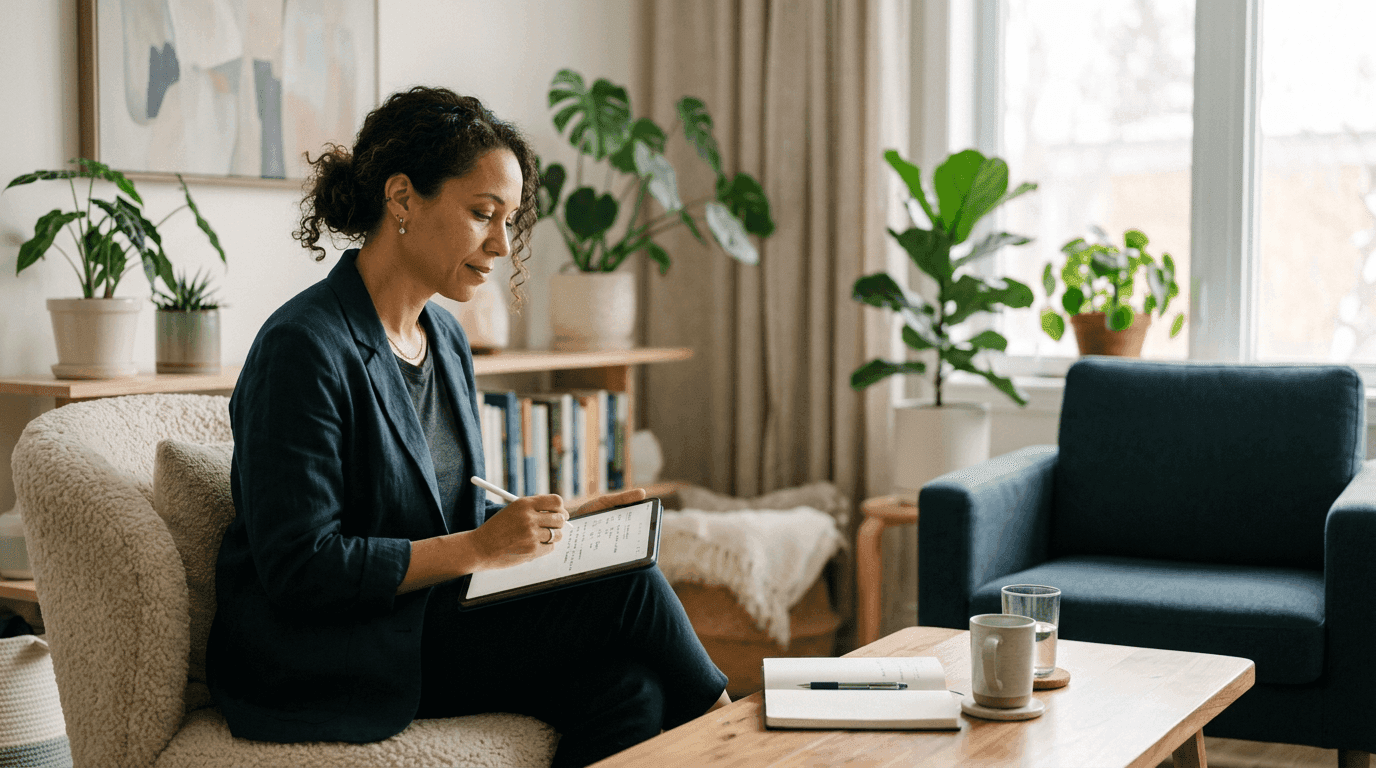 A Canadian Registered Psychotherapist preparing for a session in a warm, professional office
