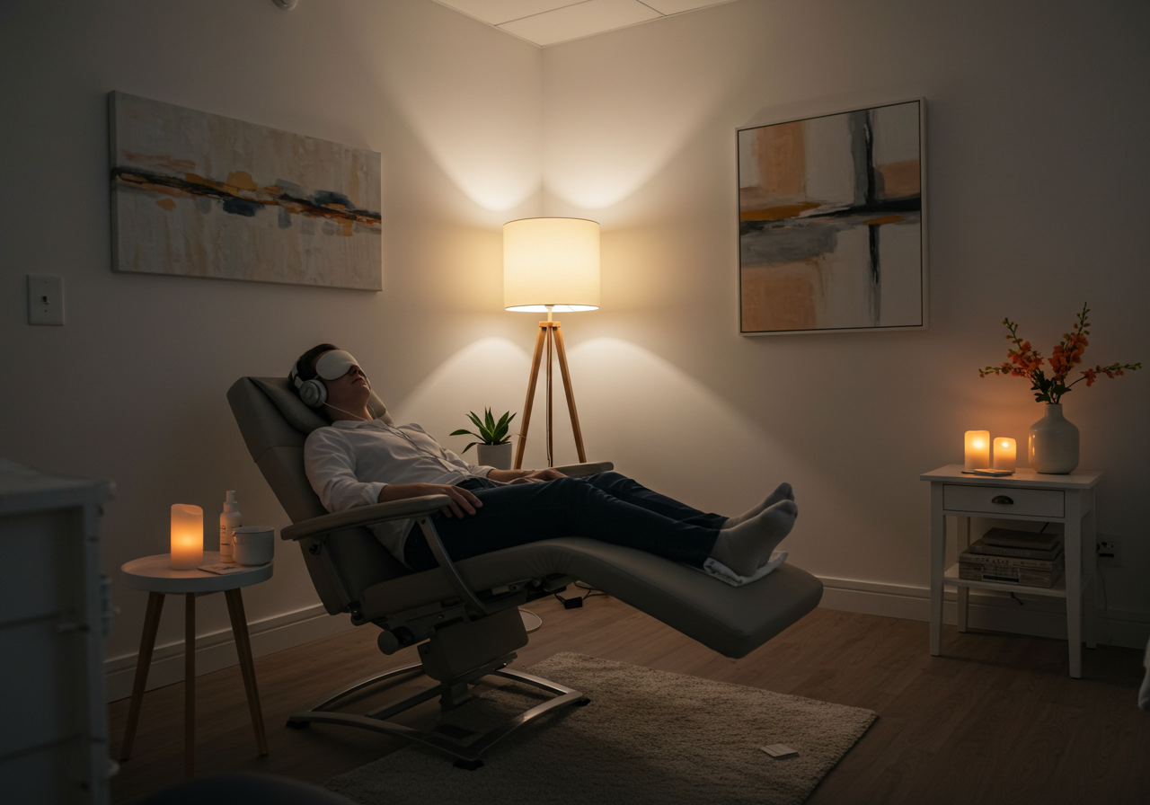 A peaceful therapy room featuring a reclining chair, headphones, and soft lighting, representing a psychedelic-assisted therapy and rTMS session in a clinical setting.