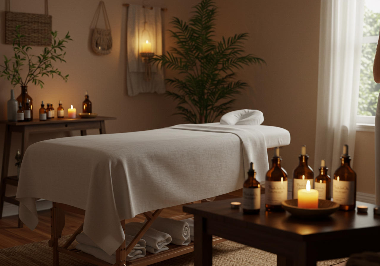 A serene wellness clinic setup with a massage table, acupuncture tools, and natural healing elements like candles and herbal remedies, reflecting holistic care services
