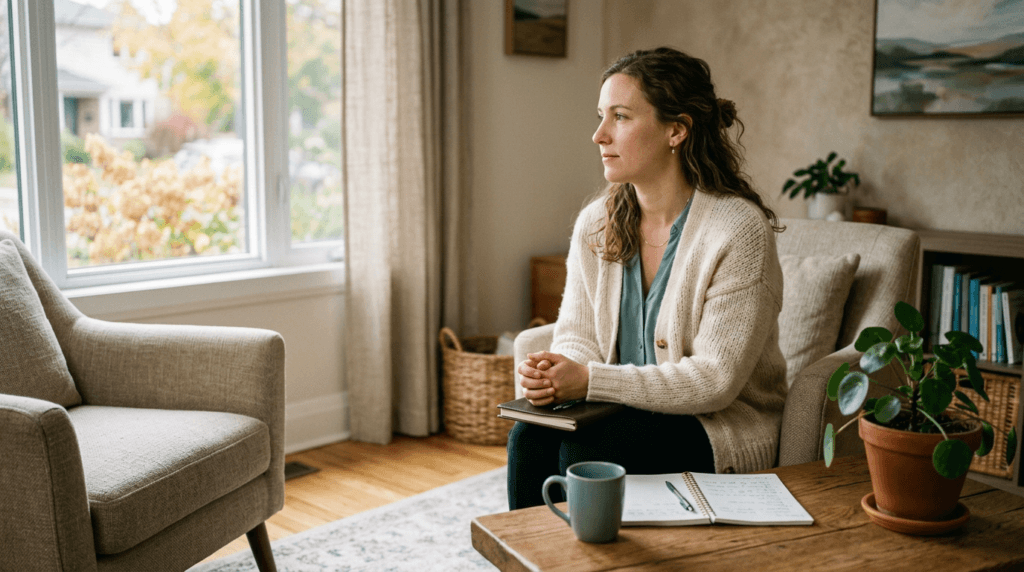A Canadian counsellor in a softly lit therapy office, preparing for an integration session.