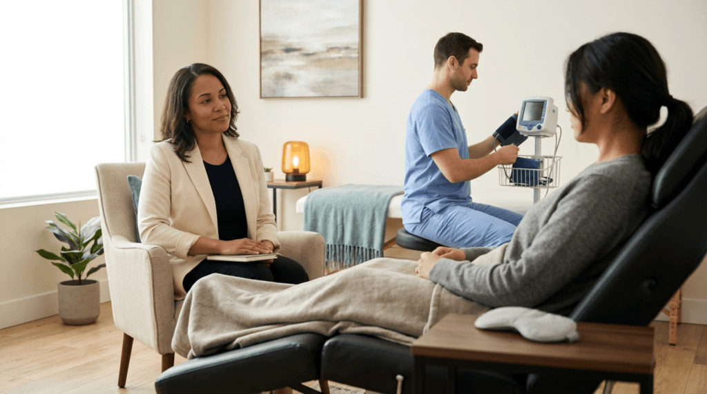A Registered Psychotherapist seated next to her established client in a calm ATMA CENA treatment room, with a clinic nurse setting up vital-signs monitoring in the background.