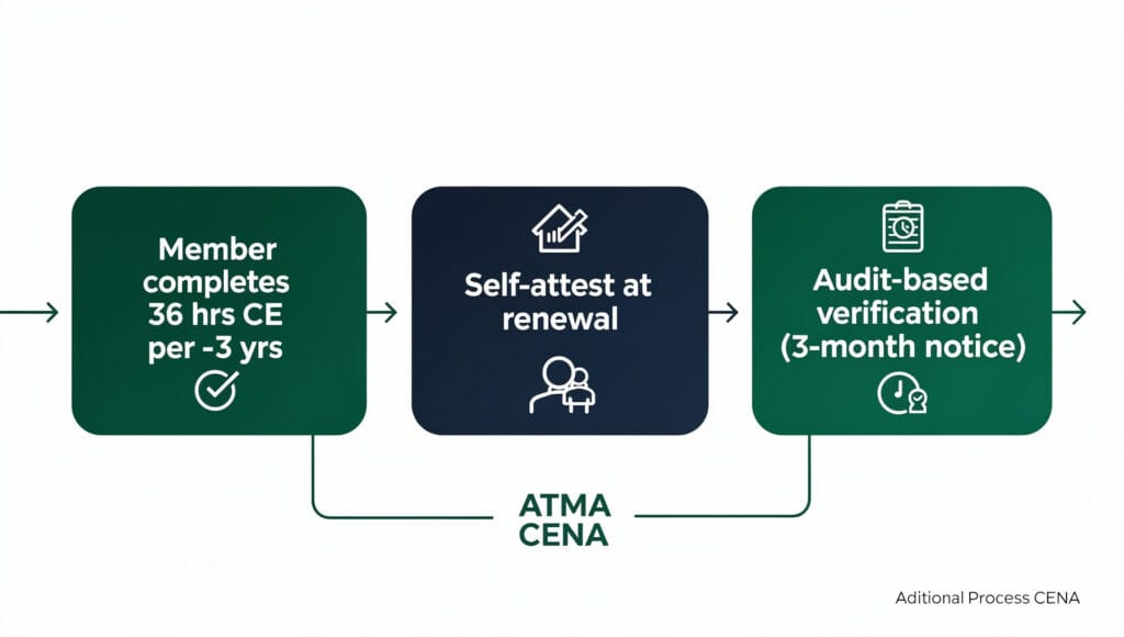 CCPA Continuing Education Trust System diagram showing 36 hours per 3-year cycle and audit-based verification.