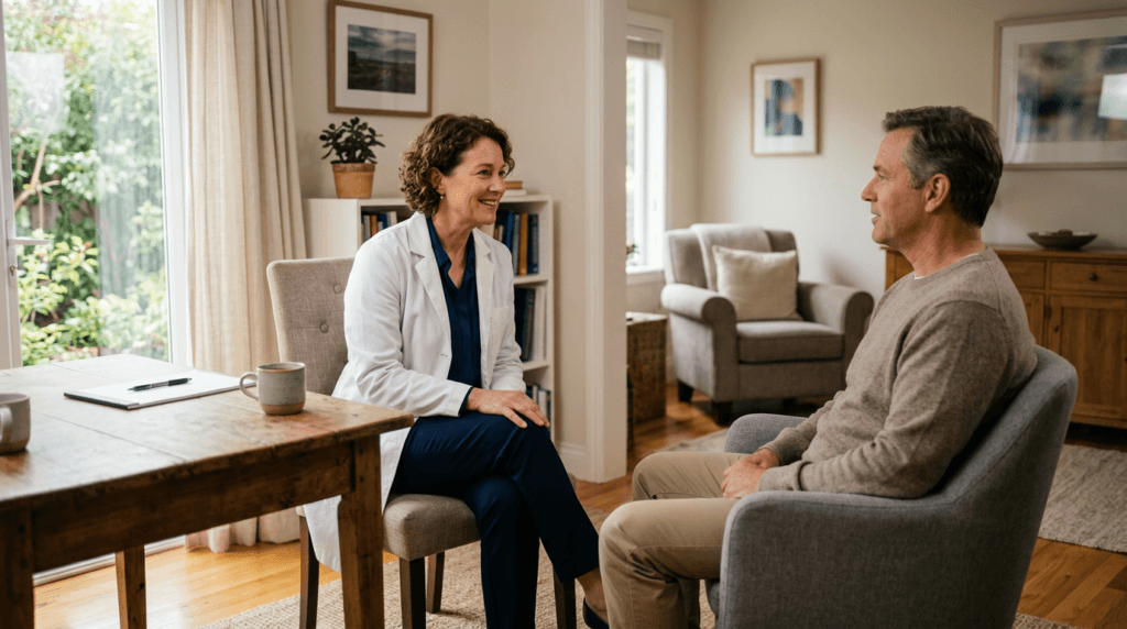 A physician prescribing psychedelic therapy to her patient in a clinical setting