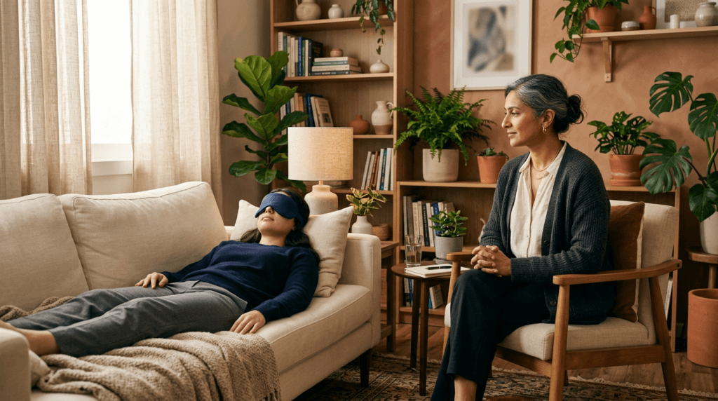 A trained psychedelic-assisted therapy clinician providing in-session support to a patient during a ketamine-assisted therapy dosing session.