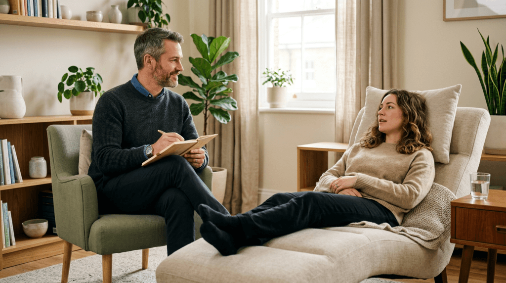 A trained ketamine-assisted psychotherapy clinician providing in-session support to a patient in a Canadian clinical setting.