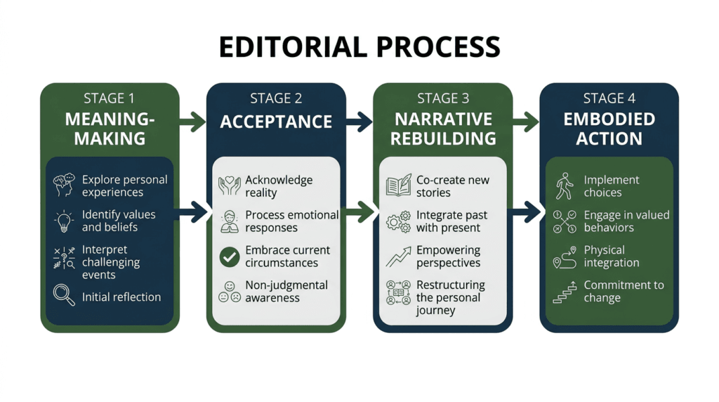 Diagram of the four PHRI integration domains: meaning-making, acceptance, narrative rebuilding, and embodied action.