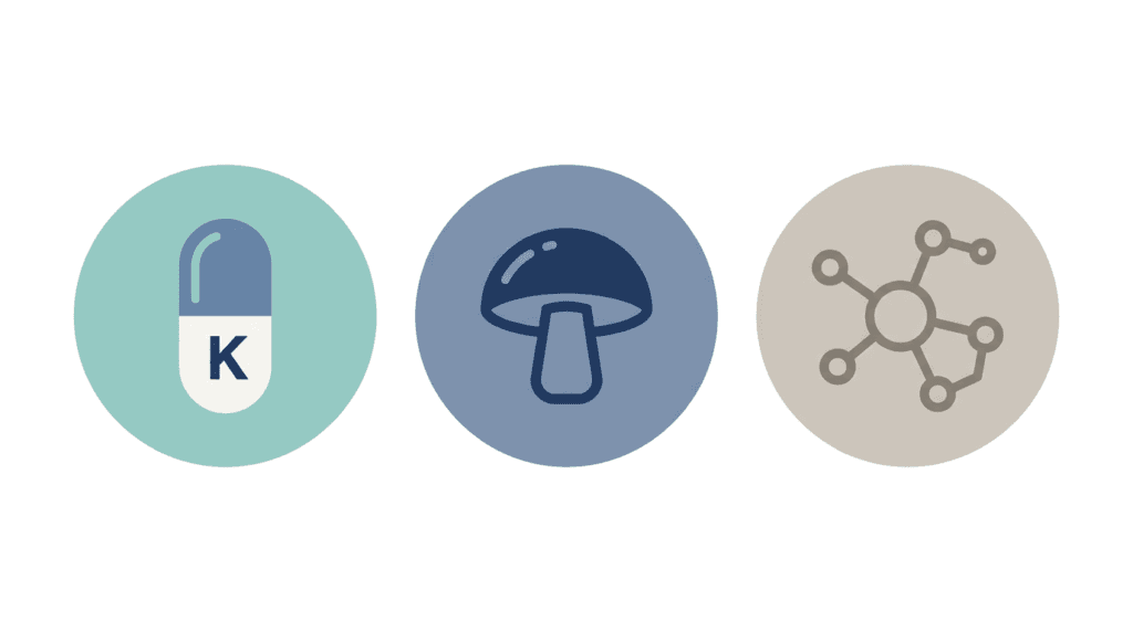 Illustration representing the three main substances used in psychedelic-assisted therapy in Canada: ketamine, psilocybin, and MDMA.